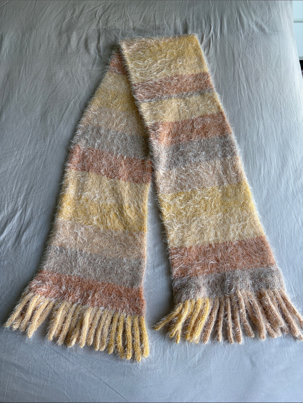 Hand Knit Soft Striped Mohair-Style Scarf in Yellow, Cream & Brown